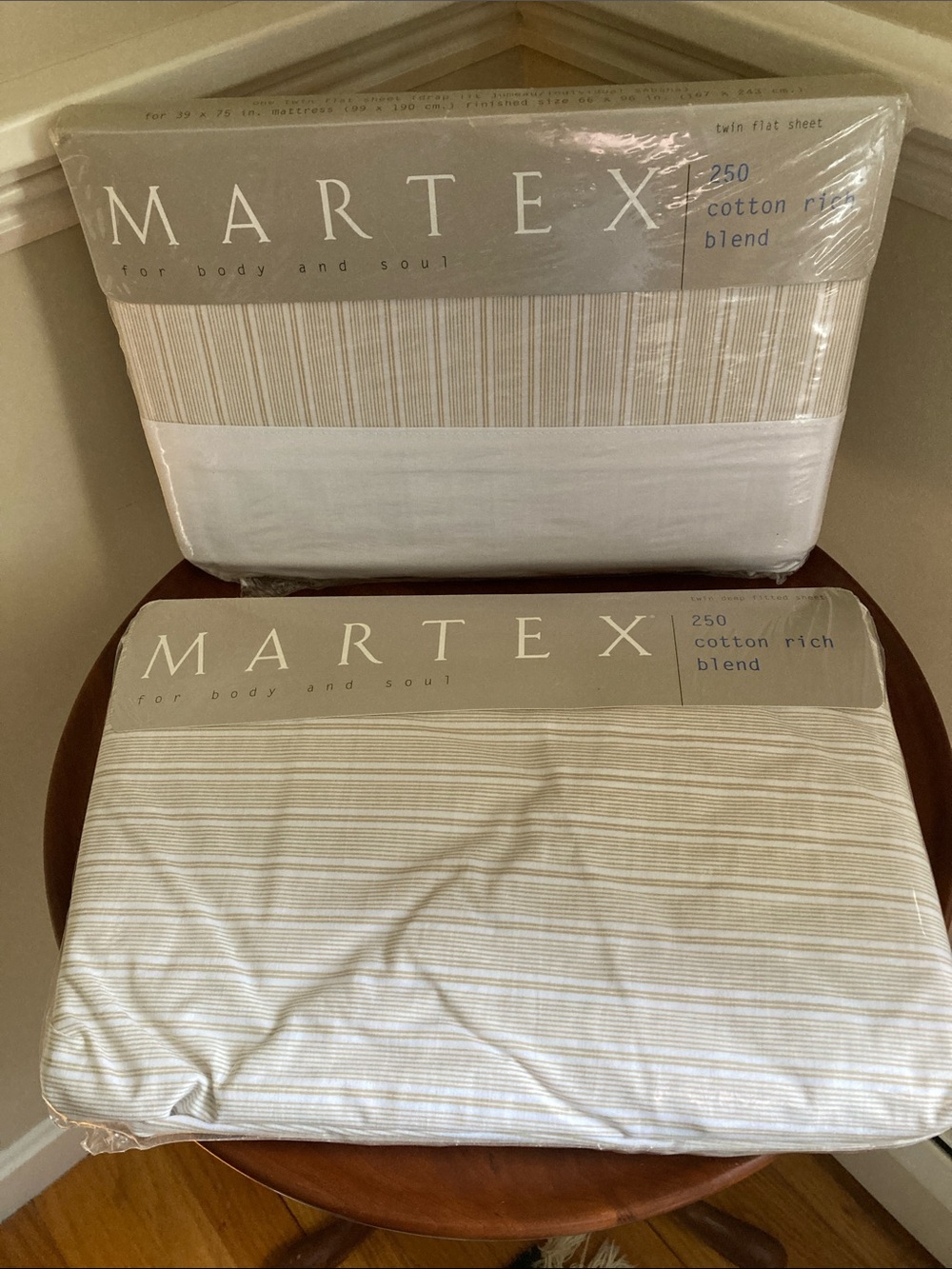 Martex Cotton-Rich Stripe Bed Sheets in Cream and White.